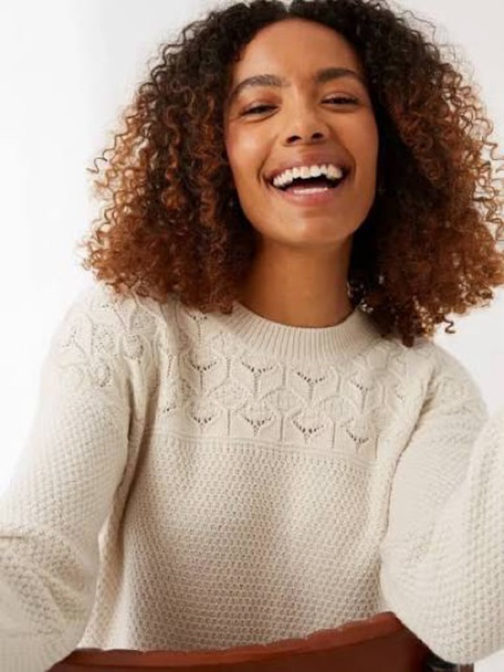 FatFace Emmy Embroidered Jumper/Cream Pointelle Knit Sweater- US 8/Medium
